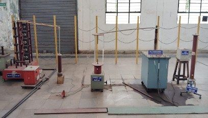 High Voltage Laboratory EEL3, impulse generator and test transformers on the hall floor